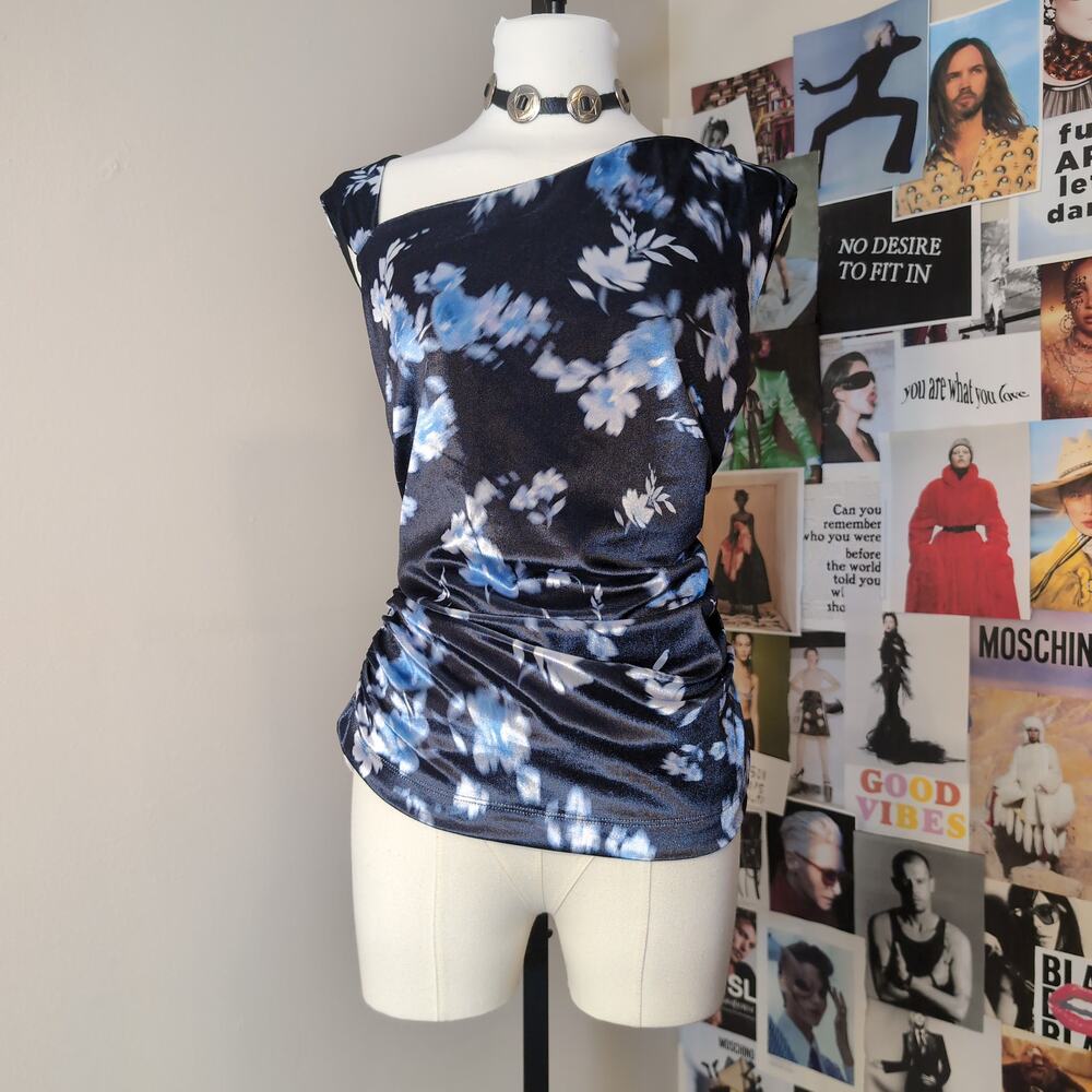 Asymmetric Neck Floral Print Top Velvet Y2k